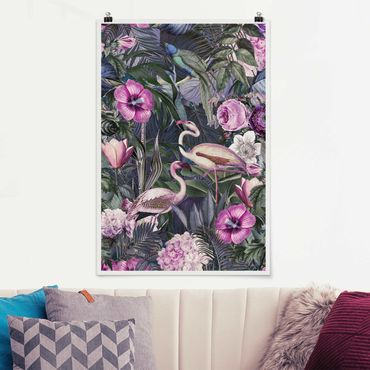 Poster - Bunte Collage - Pinke Flamingos im Dschungel - Hochformat 3:2