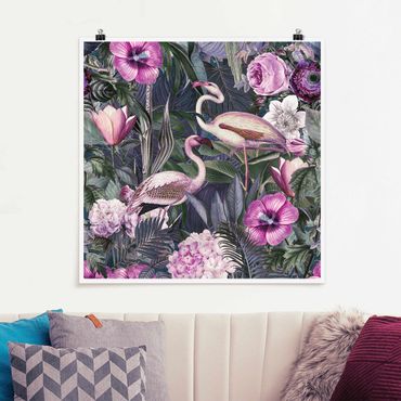 Poster - Bunte Collage - Pinke Flamingos im Dschungel - Quadrat 1:1