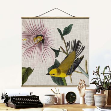 Stoffbild mit Posterleisten - Vogel auf Leinen Gelb I - Quadrat 1:1
