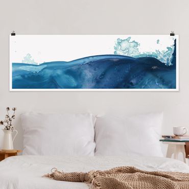 Poster - Welle Aquarell Blau II - Panorama Querformat