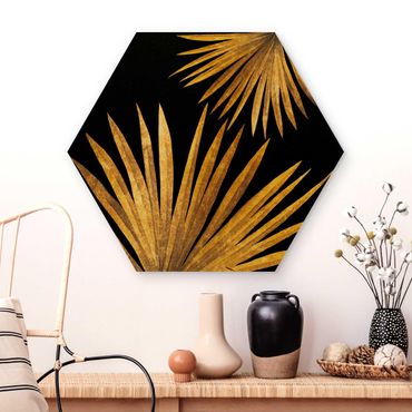 Hexagon Bild Holz - Gold - Palmenblatt auf Schwarz