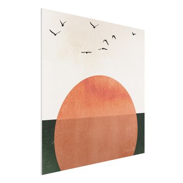 Forex Fine Art Print - Vogelschwarm vor aufgehender Sonne - Quadrat 1:1