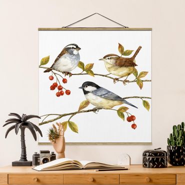 Stoffbild mit Posterleisten - Vögel und Beeren - Meisen - Quadrat 1:1