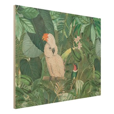 Holzbild - Vintage Collage - Kakadu und Kolibri - Querformat 3:4