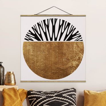 Stoffbild mit Posterleisten - Abstrakte Formen - Goldener Kreis - Quadrat 1:1