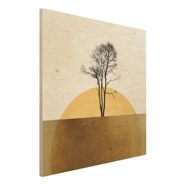 Holzbild - Goldene Sonne mit Baum - Quadrat 1:1