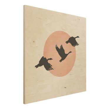 Holzbild - Vögel vor rosa Sonne III - Quadrat 1:1