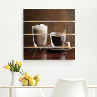 Holzbild - Espresso und Milchkaffee - Quadrat 1:1