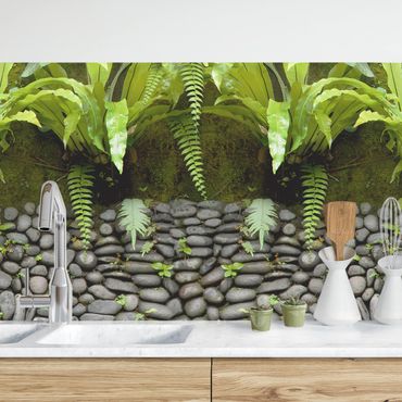 Küchenrückwand - Steinwand mit Pflanzen