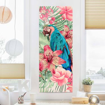 Glasbild - Blumenparadies tropischer Papagei - Hochformat