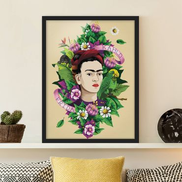 Bild mit Rahmen - Frida Kahlo - Frida, Äffchen und Papagei - Hochformat 3:4