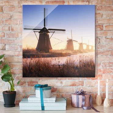 Glasbild - Windmühlen von Kinderdijk - Quadrat 1:1