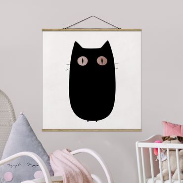 Stoffbild mit Posterleisten - Schwarze Katze Illustration - Quadrat 1:1