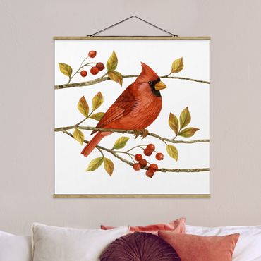 Stoffbild mit Posterleisten - Vögel und Beeren - Rotkardinal - Quadrat 1:1
