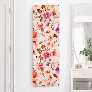 Perchero de pared panel de madera - Watercolour Flowers On Light Pink