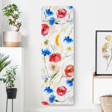 Perchero de pared panel de madera - Watercolour Wild Flowers With Poppies