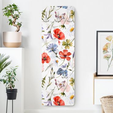 Perchero de pared panel de madera - Watercolour Poppy With Cloverleaf