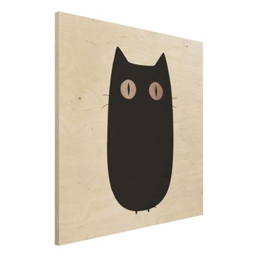 Holzbild - Schwarze Katze Illustration - Quadrat 1:1
