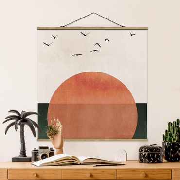 Stoffbild mit Posterleisten - Vogelschwarm vor aufgehender Sonne - Quadrat 1:1