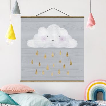 Stoffbild mit Posterleisten - Wolke mit goldenen Regentropfen - Quadrat 1:1