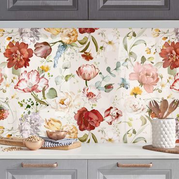 Salpicadero cocina adhesivo - Flowers Watercolour Vintage Pattern on Beige