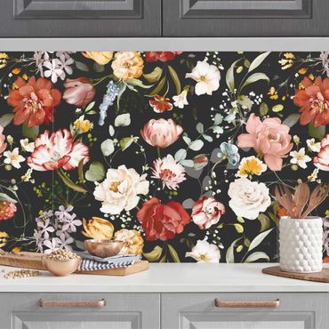 Salpicadero cocina adhesivo - Flowers Watercolour Vintage Pattern on Black