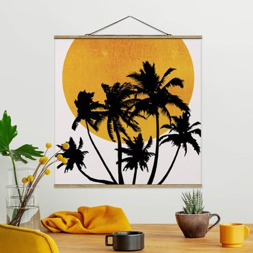 Stoffbild mit Posterleisten - Palmen vor goldener Sonne - Quadrat 1:1
