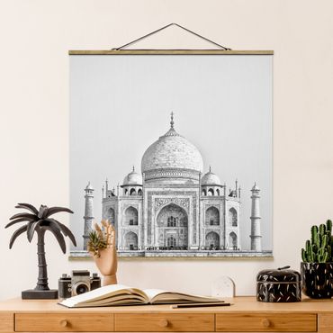 Stoffbild mit Posterleisten - Taj Mahal in Grau - Quadrat 1:1