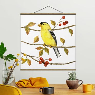 Stoffbild mit Posterleisten - Vögel und Beeren - Goldzeisig - Quadrat 1:1