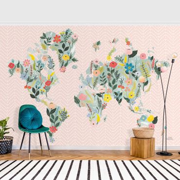 Fotomural - Floral World Map Turquoise