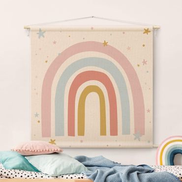 Wandteppich - Großer Regenbogen mit Sternen und Pünktchen - Quadrat 1:1