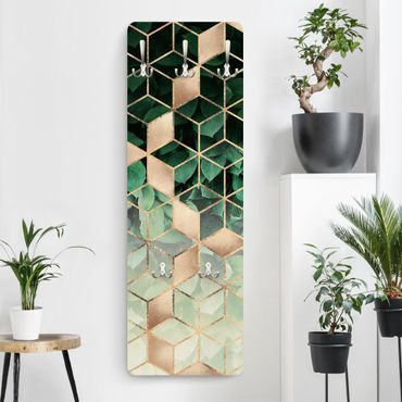 Perchero de pared panel de madera - Green Leaves Golden Geometry