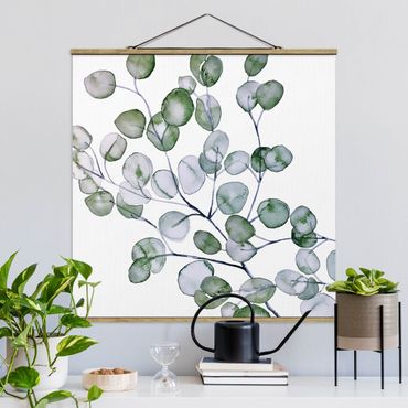 Stoffbild mit Posterleisten - Grünes Aquarell Eukalyptuszweig - Quadrat 1:1