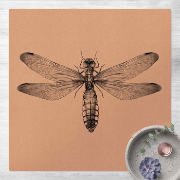 Kork-Teppich - Illustration fliegende Libelle Schwarz - Quadrat 1:1