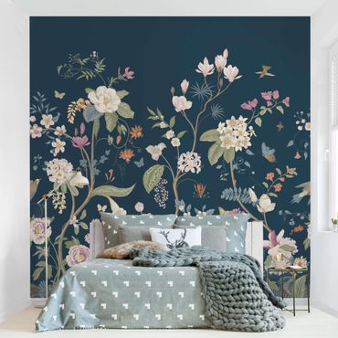Fotomural - Illustrated Floral Chinoiserie On Dark Blue