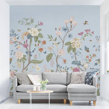 Fotomural - Illustrated Floral Chinoiserie On Light Blue