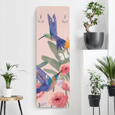 Perchero de pared panel de madera - Hummingbirds and pink blossoms