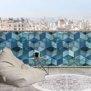 Pantalla de privacidad para balcón - Crystal Blue Cube Pattern