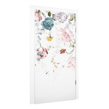 Papel pintado para puertas - Tendril Flowers with Butterflies Watercolour
