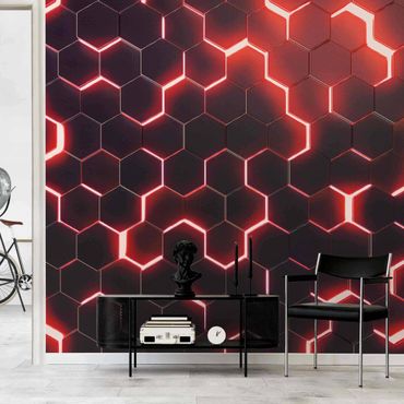 Fotomural - Structured Hexagons With Neon Light In Red