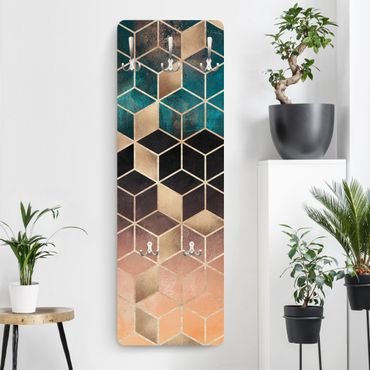 Perchero de pared panel de madera - Turquoise Rosé Golden Geometry
