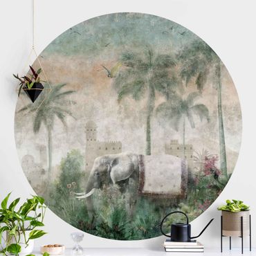 Papel pintado redondo - Vintage Jungle Scene with Elephant
