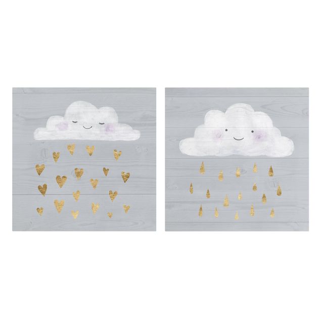 Lienzos decorativos Clouds With Golden Heart And Drops Set I