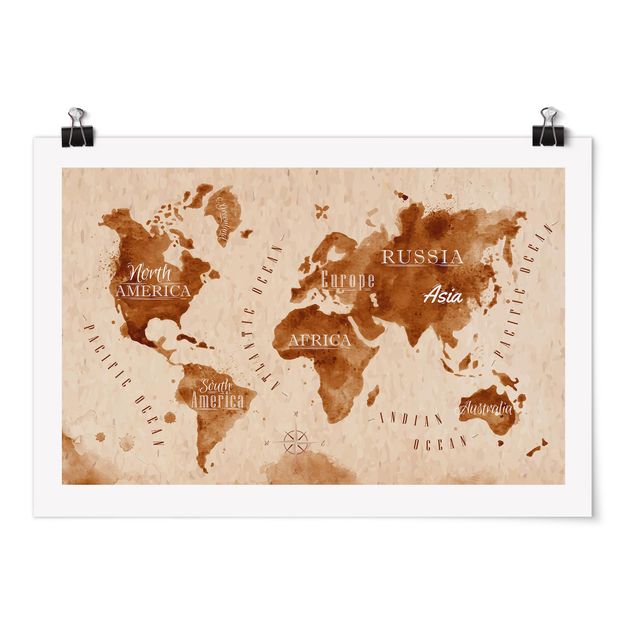 Cuadros modernos y elegantes World Map Watercolour Beige Brown