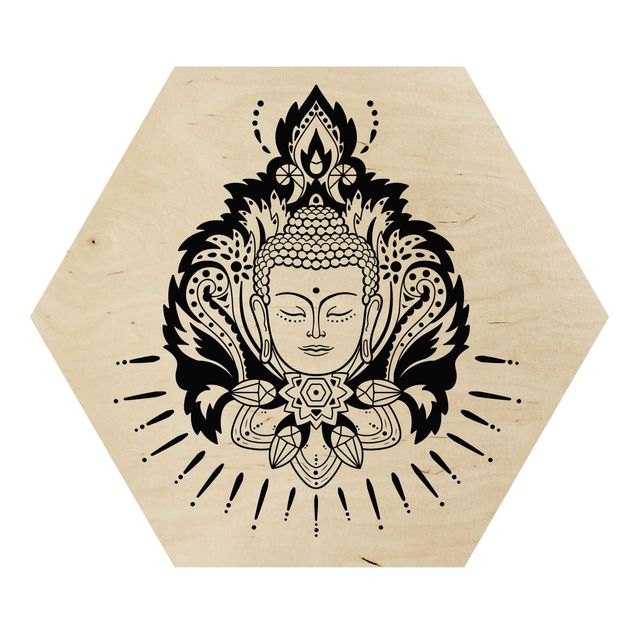 Hexagon Bild Holz - Lotus mit Buddha