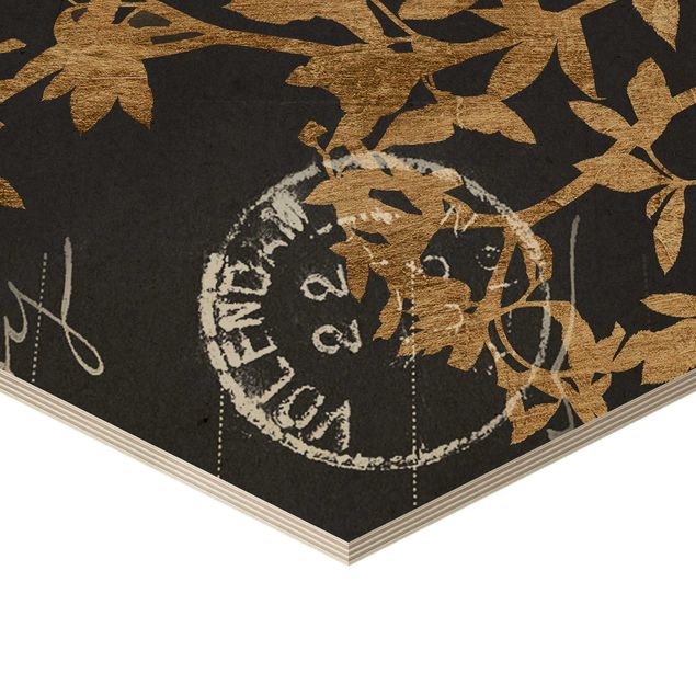 Hexagon Bild Holz - Goldene Blätter auf Mokka II