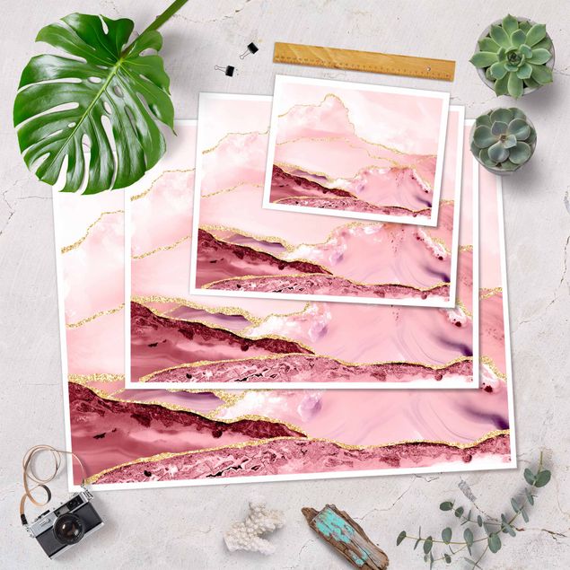 Cuadros modernos Abstract Mountains Pink With Golden Lines