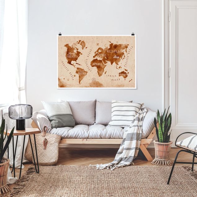 Cuadro de mapamundi World Map Watercolour Beige Brown