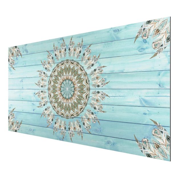 Cuadros de mandalas para dormitorios Mandala Watercolour Feathers Blue Green Wooden Boards