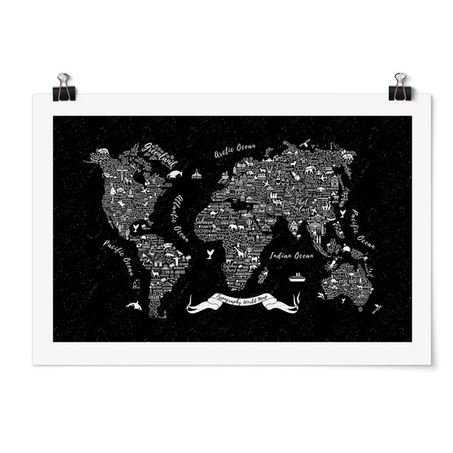 Cuadros mapamundi Typography World Map Black